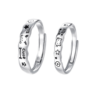 Bagues de couple en argent sterling S925, motif chat et chien de dessin animé, bords ondulés mignons, bagues assorties avec alphabet, bijoux en gros - Product Image 5