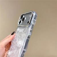 Coque de téléphone de luxe Papillon Rose Perle Strass pour iPhone 18 17 Pro Max 16 15 14 13, Housse de protection transparente ondulée à paillettes en époxy