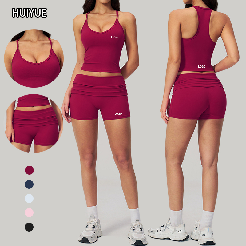 New Arrival Women's Solid 2-Piece Yoga Set Soft Nylon Spandex Breathable Strappy Tank Top High Waist Butt Lift Sports Shorts