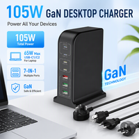Stasiun Pengisian Daya Multi Perangkat 105W GaN 7 Port 4C3A, Port USB-C hingga 65W, Pengisi Daya Desktop 20W untuk iPhone dan Laptop
