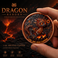 Pièce de monnaie en cuivre fin 999 de 1 oz, Série Dragon Cybérique Nouveau-né en Éclosion, Artisanat Métallique 3D en Relief Haute Définition, Coloré UV, Effet Proof-like