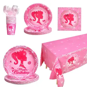 161PCS Wholesale Pink Theme Decorative Disposable Paper Tray Paper Towel Tablecloth Party Tableware Set