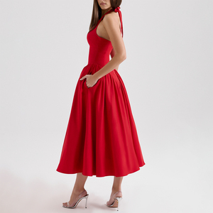 Abito Midi Rosso in Twill con Collo Halter per Donne, Elegante Vestito da Cocktail, Abito Elegante da Festa, Vendita all'Ingrosso - Product Image 4