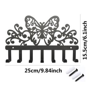 1pc <span class=keywords><strong>Crochet</strong></span> mural imperméable en métal noir avec motif floral papillon pour la maison, le bureau, le salon, la salle de bain, le rangement de bijoux et de clés - Product Image 2
