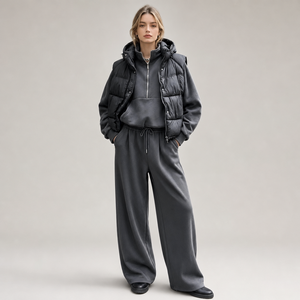 Women's Heavyweight Fleece Sweatshirt Set Puffer <b>Vest</b> and Wide Leg Pants Winter Streetwear Tracksuit - Product Image 3