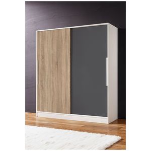 Armoire moderne en bois Zambak Sonoma-blanc avec portes coulissantes, tiroirs et étagères, fonction pliable pour chambre à coucher - Product Image 1