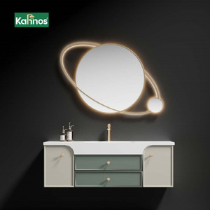 Meubles-lavabos de salle de bain modernes bicolores avec miroir LED anti-buée à cadre doré et porte à fermeture douce - Product Image 1