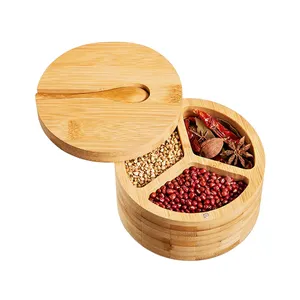 Round Condiment Salt Jar Cellar Salt Spice and Seasonings Storage Container Bamboo Salt Box with Spoon with Swivel Magnetic Lid