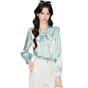 Women's Long Sleeve Satin Blouse With Bow Tie Green Solid Color Office Wear 2026 Spring Autumn Style - Product Image 5
