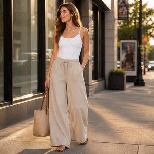 <span class=keywords><strong>Pantaloni</strong></span> Casual da Donna in <span class=keywords><strong>Lino</strong></span>/Cotone Intrecciato <span class=keywords><strong>Beige</strong></span>, Vestibilità Regolare, Vita Media, Fronte Piatto, con Coulisse, Traspiranti, Eco-Friendly, Estivi - Product Image 3