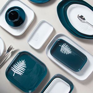 Juego de Vajilla de Cerámica Rectangular con Diseño de Hojas Verdes de Pavo Real, Apto para Microondas, para Fiestas - Product Image 1