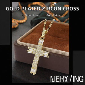 Collar con Colgante de Cruz de Acero Inoxidable Chapado en Oro de 18K con Circonita Cúbica Natural Engastada, Religioso, para Uso Diario y Fiestas - Product Image 2