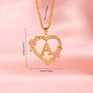 Collier avec pendentif en forme de cœur avec initiale de l'alphabet A-Z, couleur or, cuivre, fleur rose, strass, bijoux pour femmes, <span class=keywords><strong>cadeau</strong></span>, vente en gros - Product Image 3