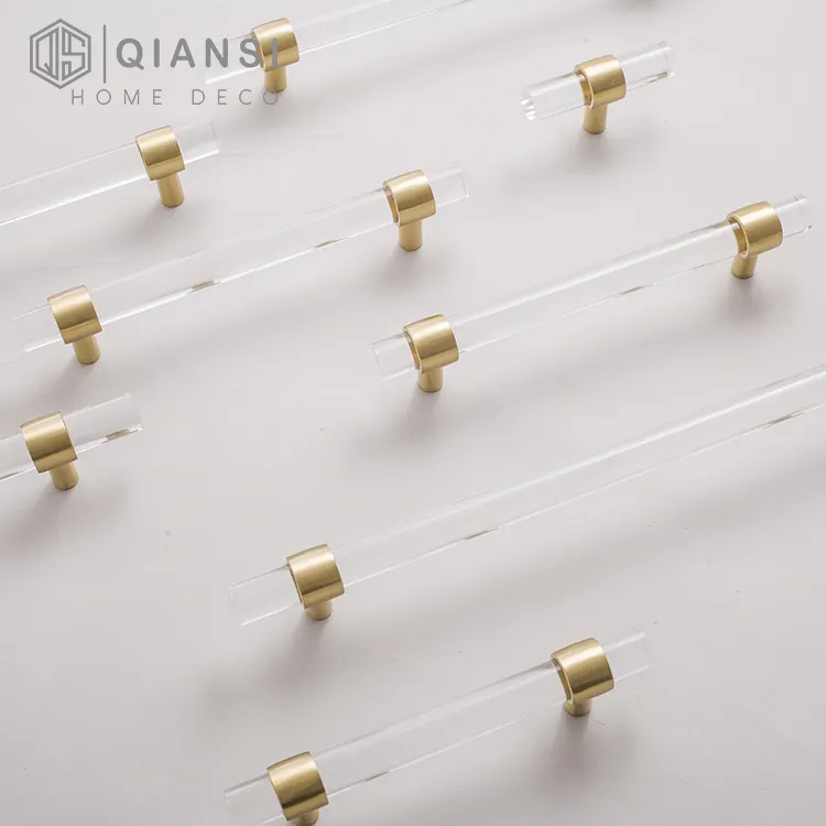 Qiansi HK0089 Transparent Acrylic Brass Drawer Knobs Adjustable Cabinet Pulls Furniture Cabinets Handles 224 loch T-bar Knob pull
