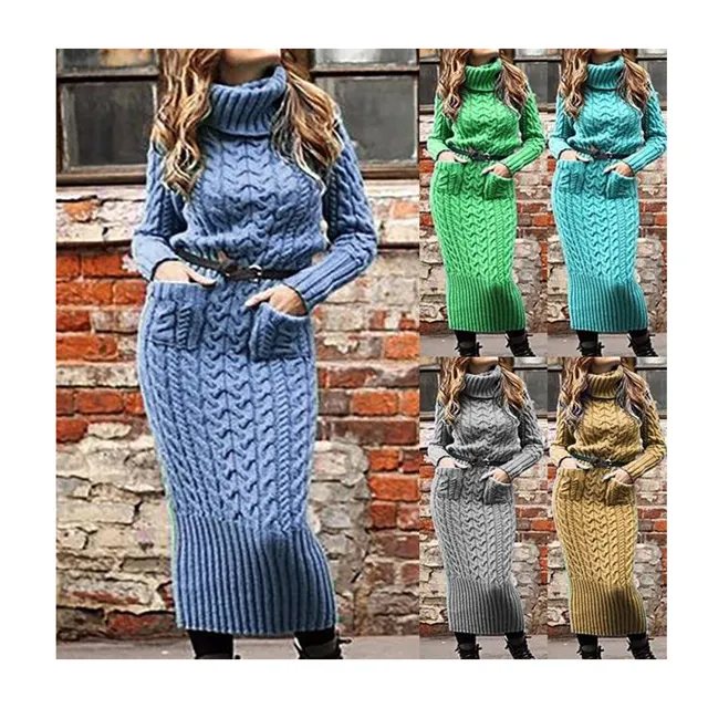 Dropshipping Fashion Knitted Women Casual Sweater Dress Winter High Collar Pocket Long Sleeve Sweater Dress for Ladies