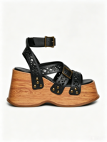 Sandales compensées rétro en bois style punk pour femme avec bride de cheville réglable en plastique et talon épais – Chaussures décontractées toutes saisons