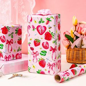 Strawberry Wrapping Paper Roll 17 Inch X 33 Feet <b>Pink</b> Floral Bow Design Gift <b>Wrap</b> Art Paper - Product Image 2