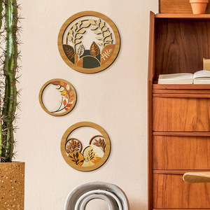 Lot de 3 sculptures murales en bois de bambou ajouré, style bohème géométrique, motif feuille végétale pastorale, pour décoration de salon, chambre, mariage et anniversaire - Product Image 2