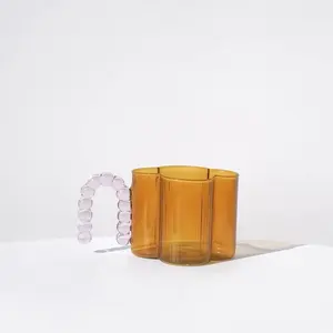 Wholesale Customized High Borosilicate Colored Flower Shape Heat-resistant Glass Simple Tea Cup Mug With U Shape Handle