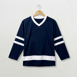 Navy Blue V-Neck Ice Hockey Jersey Printed Full Sleeve Striped Moisture Wicking Anti-Bacterial 100% Polyester Unisex Adult - Product Image 1