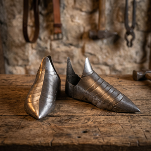 Chaussures d'armure de chevalier en acier plaqué argent, bottes médiévales gothiques pour costume, pour adulte, reconstitution historique, objet de collection - Product Image 4