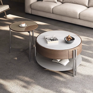 Tavolino da Caffè Moderno Rotondo con Piano <span class=keywords><strong>in</strong></span> Pietra Microcristallina e Combinazione <span class=keywords><strong>in</strong></span> <span class=keywords><strong>Legno</strong></span> per Soggiorno - Product Image 2