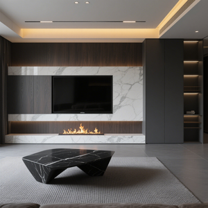 <span class=keywords><strong>Meuble</strong></span> <span class=keywords><strong>TV</strong></span> moderne minimaliste <span class=keywords><strong>et</strong></span> écologique réglable placage de bois marbre épissage <span class=keywords><strong>gris</strong></span> foncé <span class=keywords><strong>jaune</strong></span> chaud éclairage salon maison - Product Image 4