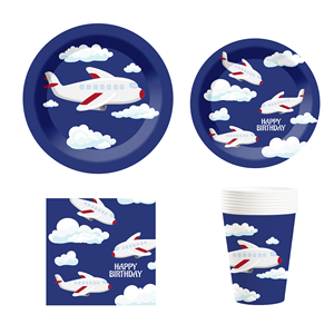 Ensemble de vaisselle de fête DAMAI, design avion bleu foncé, assiettes en papier, gobelets, serviettes, décorations joyeux anniversaire, vaisselle jetable - Product Image 2