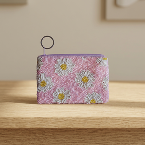 Pochette carrée rose à motif floral perlé avec fermeture éclair, broderie tendance en feutre non tissé, pour voyage et usage quotidien - Product Image 2