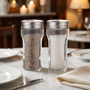 Bocaux à épices en verre de 3 oz avec couvercles doubles en acier inoxydable, vente en gros, mini-shakers ronds pour sel et poivre - Product Image 5