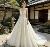 Robe de mariée élégante en dentelle à col en V, robe de bal en tulle sans manches avec appliques florales 3D