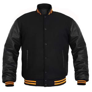 Chaqueta bomber varsity negra para hombre con cuerpo de mezcla de lana, mangas de cuero sintético en contraste, botones a presión y rayas naranjas. - Product Image 5