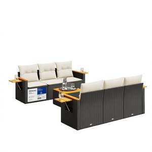 Garden Sofa Set 6 Seater Rattan With Cushions Outdoor Furniture Contemporary Design Teak Wood <b>Frame</b> - Product Image 1