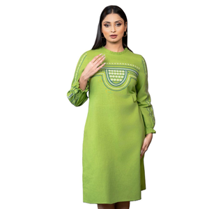 Vestido de Lino Verde Manzana para Mujer, de Alta Calidad, con Cuello Plisado y Bordado - Product Image 1