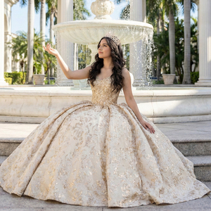 ชุดเดรสงาน Quinceanera รุ่น Jancember 5995 สีแชมเปญ ผ้า Jacquard ทรงบอลกาวน์ หรูหรา ชุดเจ้าสาว ผ้า Brocade สำหรับงานฉลองวันเกิดอายุ 16 ปี งานเลี้ยง งานอีเว้นท์ - Product Image 1