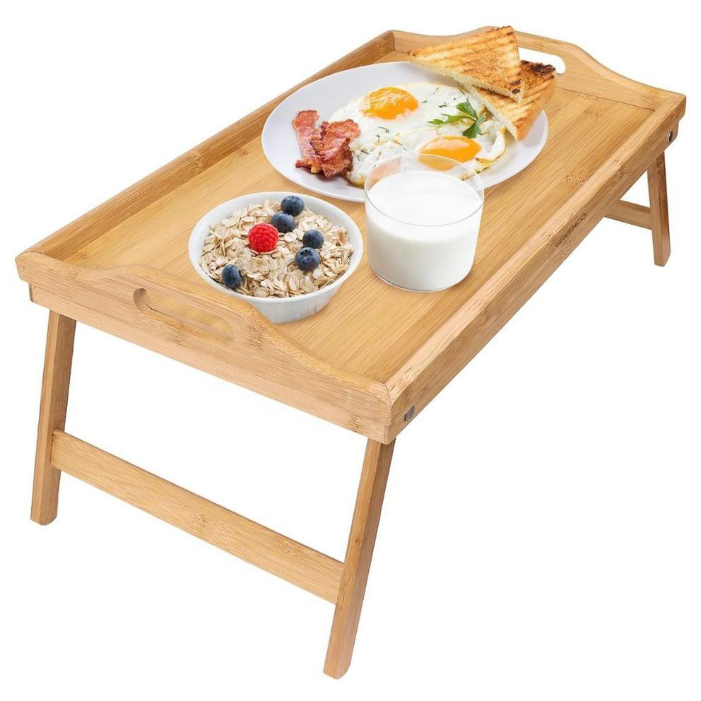 Bamboo Foldable Breakfast Table Bed Tray Table with Legs Bamboo Serving Trays Outdoor Picnic Tray with Handles