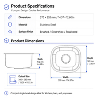 Évier de cuisine moderne monobloc en acier inoxydable 14"x12" à poser sous plan, surface brossée, facile à nettoyer, garantie 3 ans