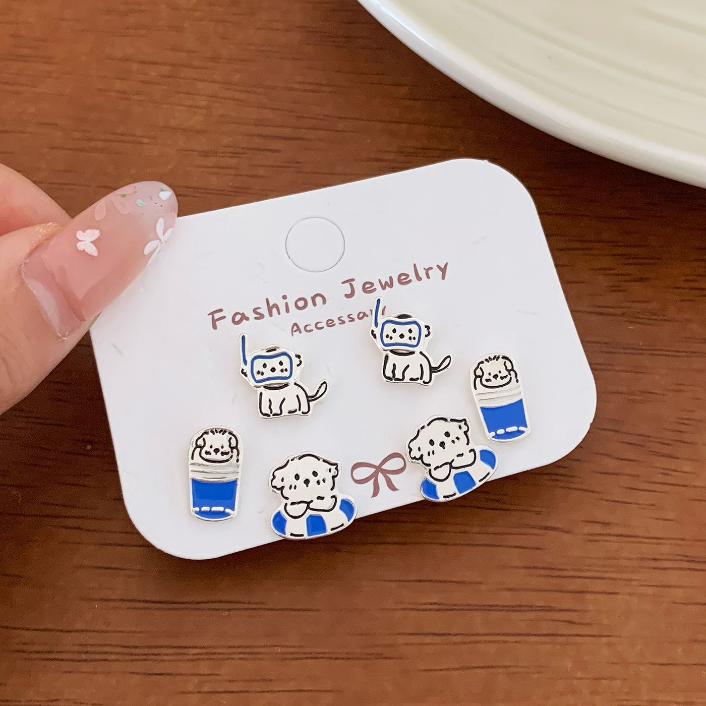 HXT19 ชุดว่ายน้ำสีฟ้าลายลูกสุนัข [เซ็ต 3 ชิ้น]