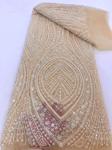 Ni. Ai sang trọng ít hoa lưới đính cườm ren lưới thêu sequin vải ren với ngọc trai cho Vật liệu váy cưới - Product Image 5