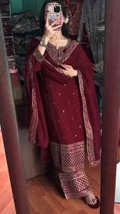 Salwar Kameez pour femmes en soie Chinnon de haute qualité, broderie lourde, manches longues, traditionnel, séchage rapide, séquence exclusive - Product Image 4