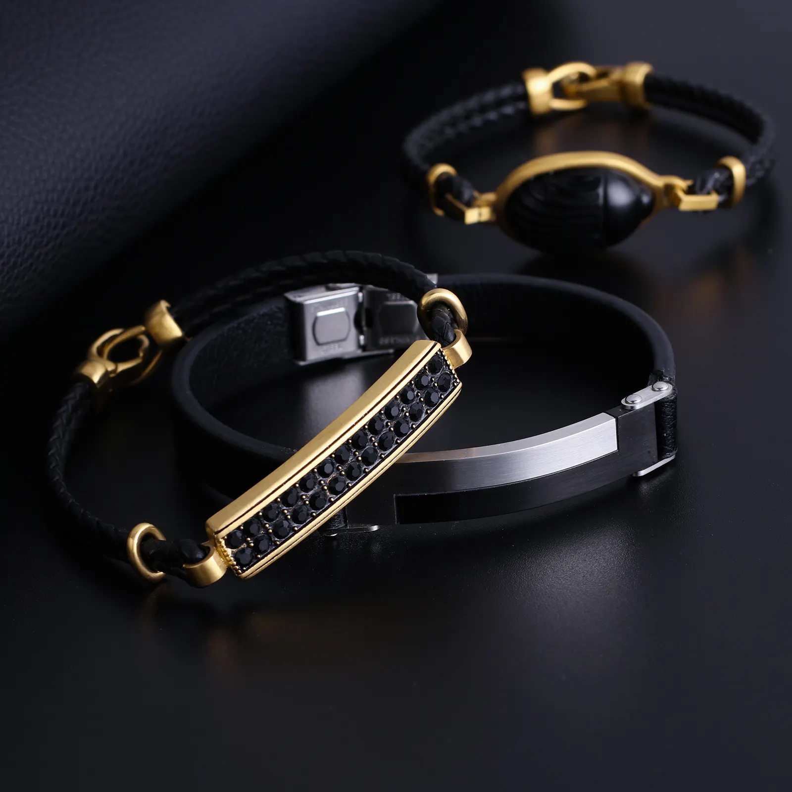 Custom Wholesale Fashion Stainless Steel Black Braided Cord Handmade Woven Rope Genuine Leather Bracelet For Men