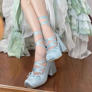 Women's Crisscross Strappy Block High Heels Shoes Quality Top Grade Satin Materials Ballet High Heel <b>Sandals</b> - Product Image 5