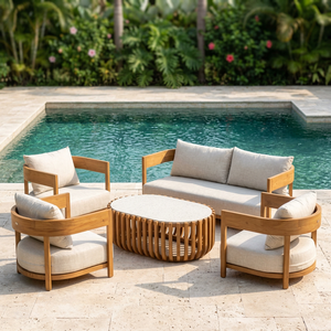 Ensemble de canapé d'extérieur en bois de teck avec table basse à lattes, ensemble de meubles de patio avec coussins beiges - Product Image 1