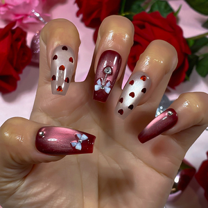 Kuku Palsu Tekan Tempel Motif Mata Kucing Buatan Tangan untuk Hari Valentine, Desain Baru, Kuku Artifisial Kustom untuk Salon Kuku, Grosir dengan Pita - Product Image 4