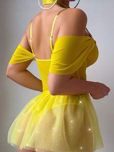 New Yellow Flowers Sexy Lingerie Set Strappy Lace-Up Backless Bodysuit With Leg Straps Lace Mesh Trim Three-Piece Set - Product Image 5