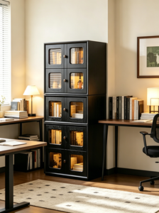 Modern Black Stackable Cabinet with Glass Doors and Internal Lighting for Entryway <b>Storage</b> - Product Image 6