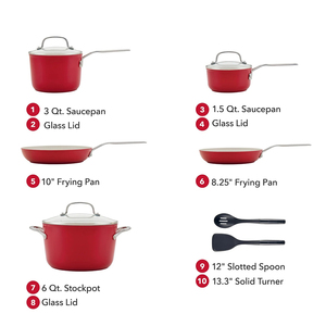 Ensemble de casseroles en céramique antiadhésive rouge avec couvercles en verre, poignées en acier inoxydable, 10 pièces, design moderne pour cuisinières à gaz et à induction - Product Image 2