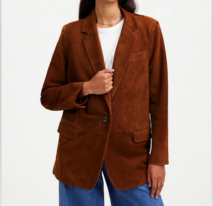 Blazer en daim surdimensionné à un bouton pour femme – Veste en cuir caramel vintage, vêtement d'extérieur décontracté et professionnel haut de gamme pour l'automne et l'hiver - Product Image 2