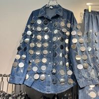 Ensemble haut chemise en jean à sequins épais et pantalon large perlé amincissant, style mode européenne haut de gamme, collection printemps