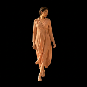 Robe midi ample décontractée pour femme, couleur unie, manches longues, avec ceinture et col rabattu, en tissu tissé respirant - Product Image 1